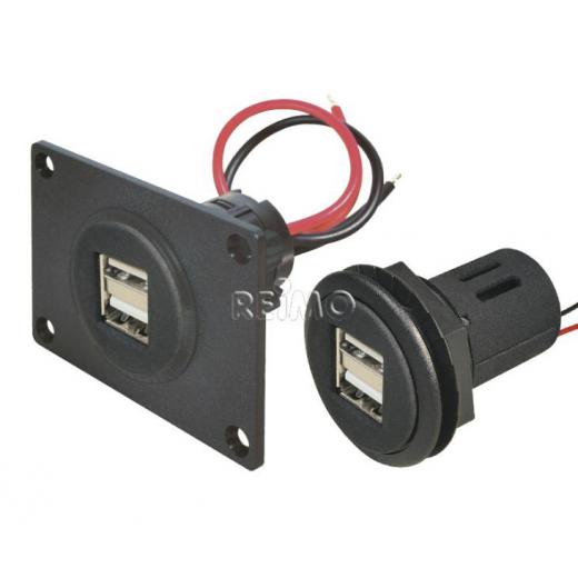 USB-Einbaudose 12 / 24 V mit Doppel-USB 2 x 2,5 A - Mit Montageplatte