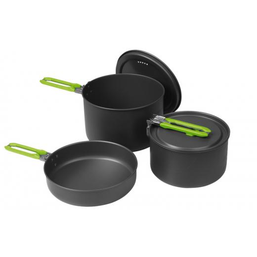 Camping-Kochgeschirr ELITE, 5-teilig schwarz, Grifffarbe: lime