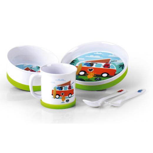 Kindergeschirr Set, 5 teilig, CAMPING-MONSTER, mit Silikonring