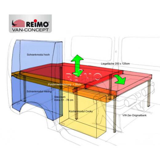 Küchenteil VW T6/5 kR Cooky als Fertigteil mit Polster für Bettverbreiterung